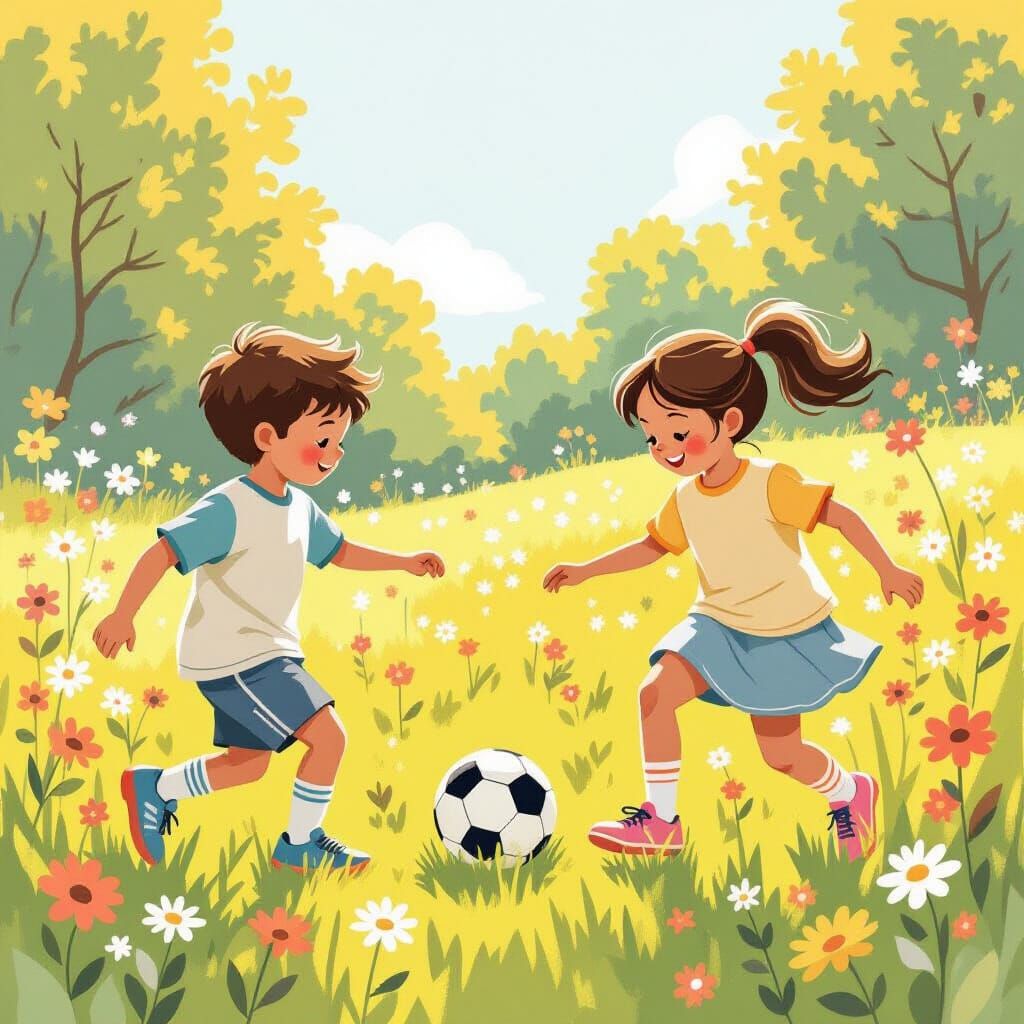 Children's Game in Field of Flowers: Storybook Illustration