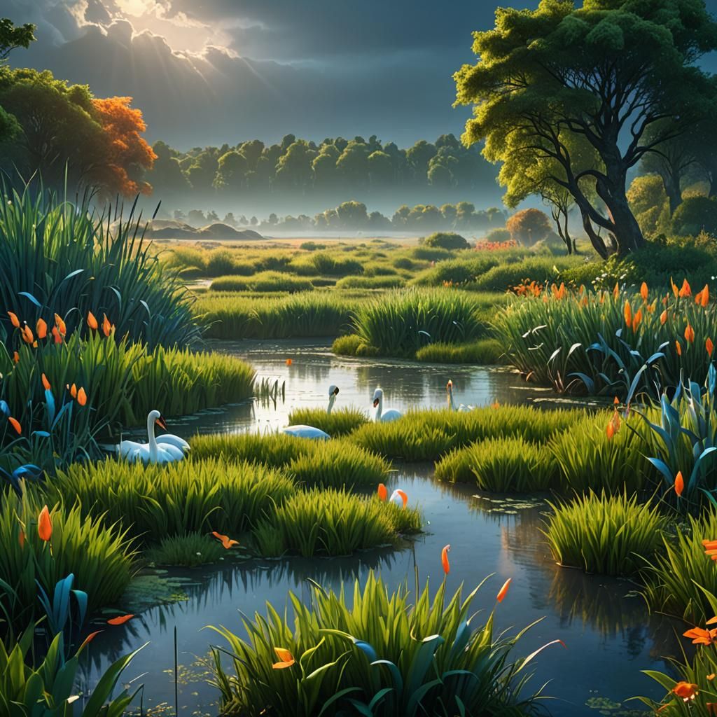 Lush Meadow with Blue Reeds and Orange Swans