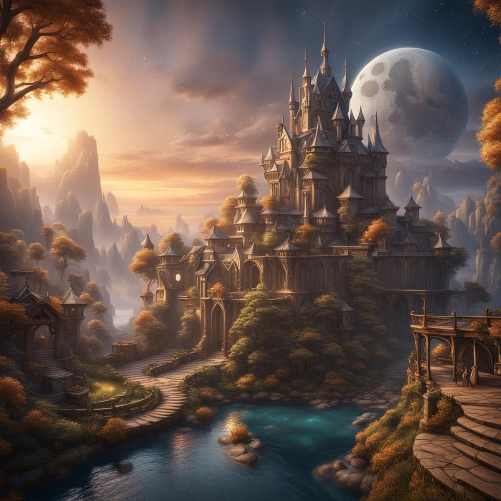 Fantastical Landscape with Sun, Moon, and Stars