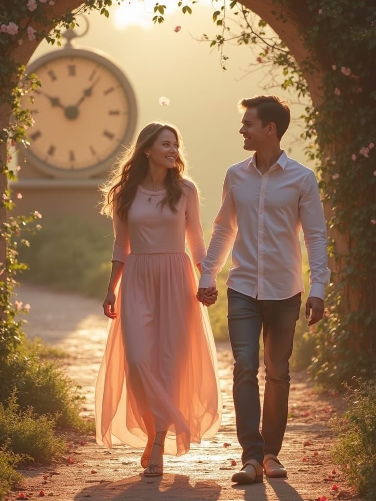 Early Morning Serenity with Hand-in-Hand Couple in Soft Past...