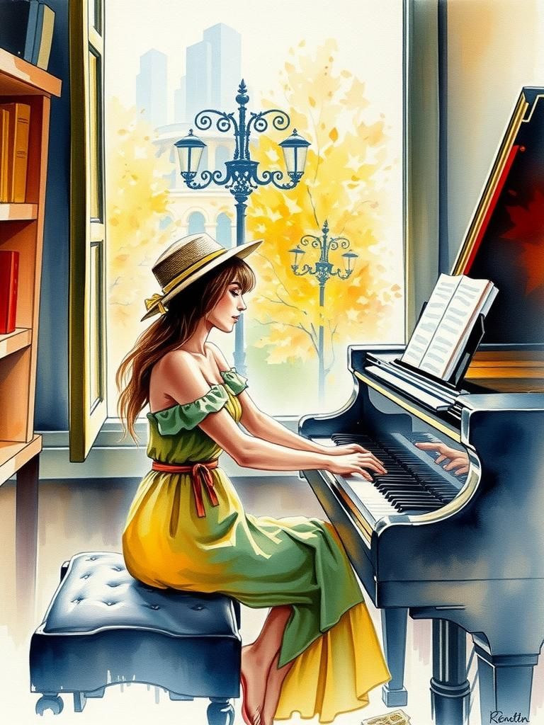 Watercolor Painting of Woman at Piano on Rainy Day