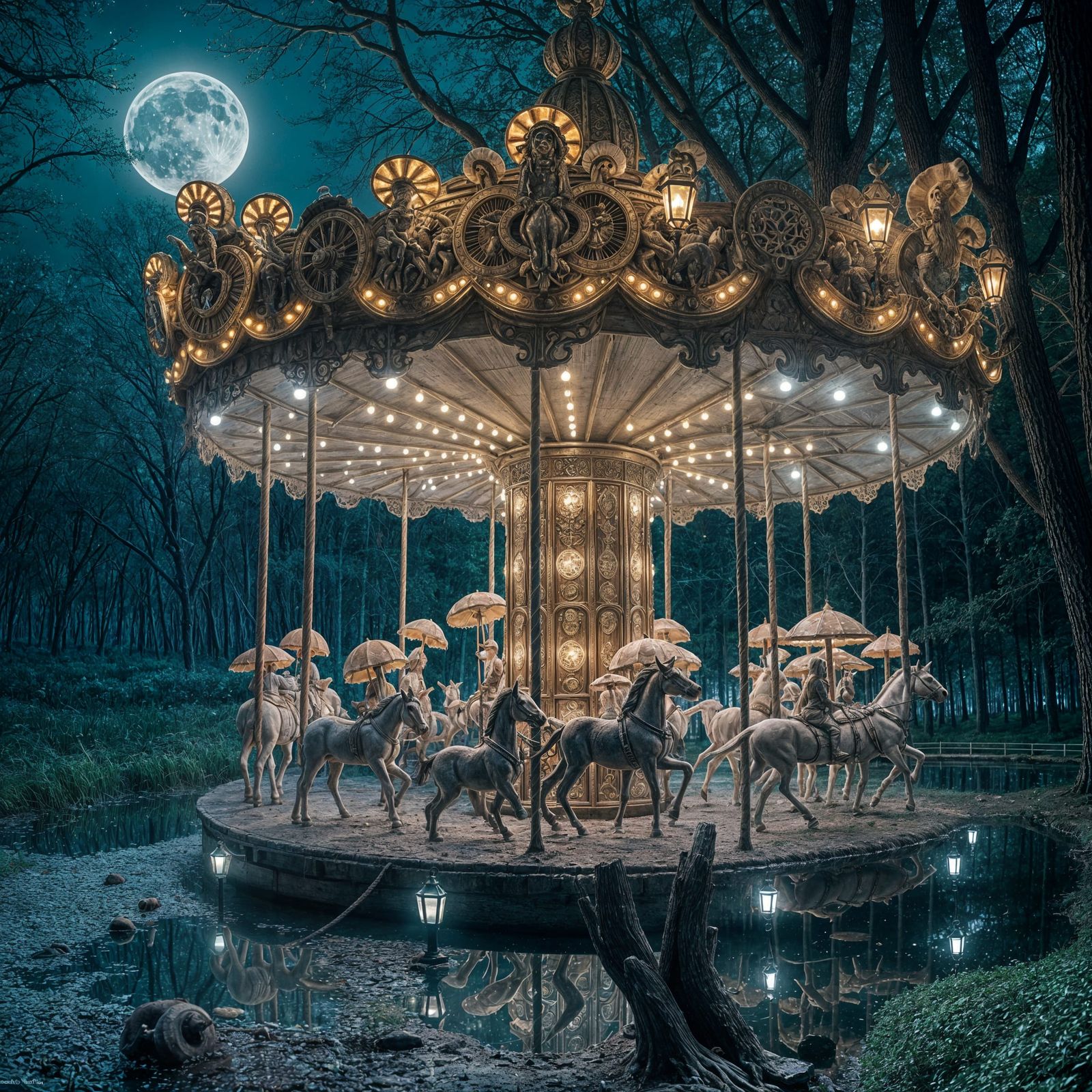Whimsical Mushroom Carousel Under Moonlit Swamp
