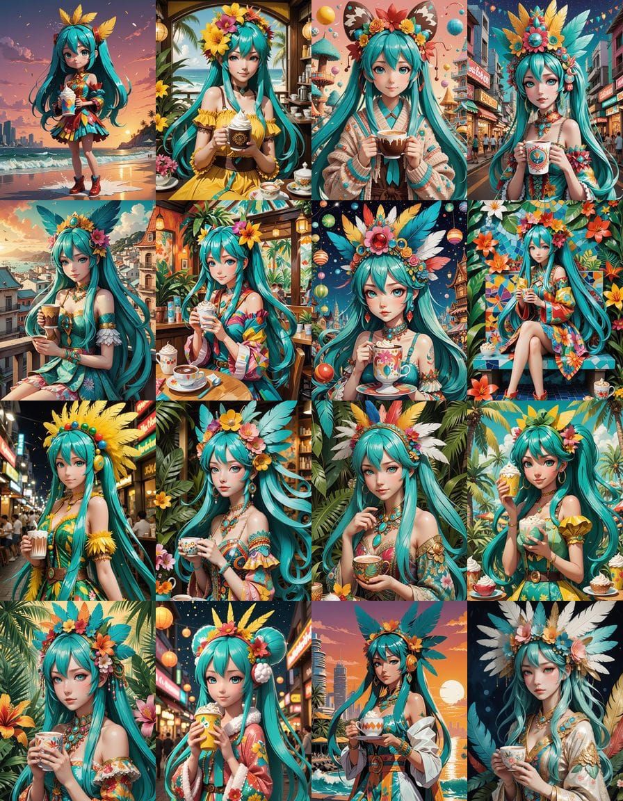 Brazilian Hatsune Miku Sips Cocoa in Vibrant Carnival Style