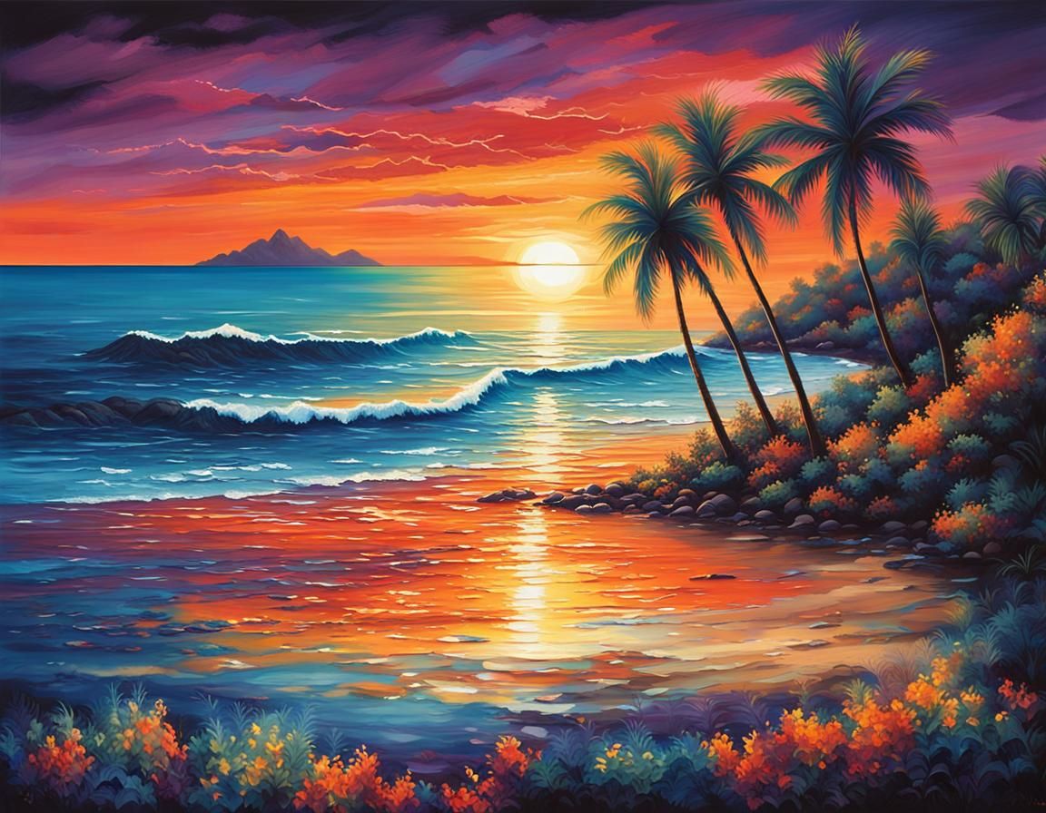 Vibrant Sunset Over Ocean with Palm Trees