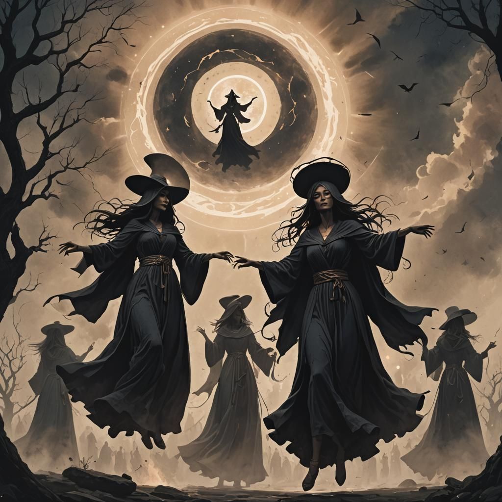 Witches' Mystical Dance Under Ominous Solar Eclipse