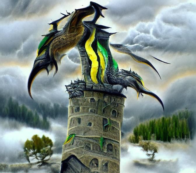 Dragon Perched on Tower in Stormy Weather