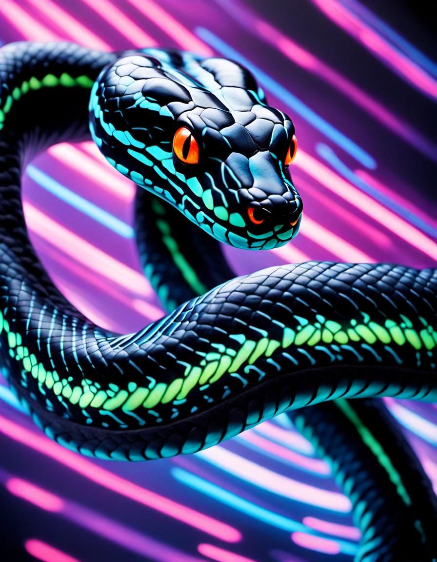 Neon-Striped Snake in Tron Style with Airbrush Effect