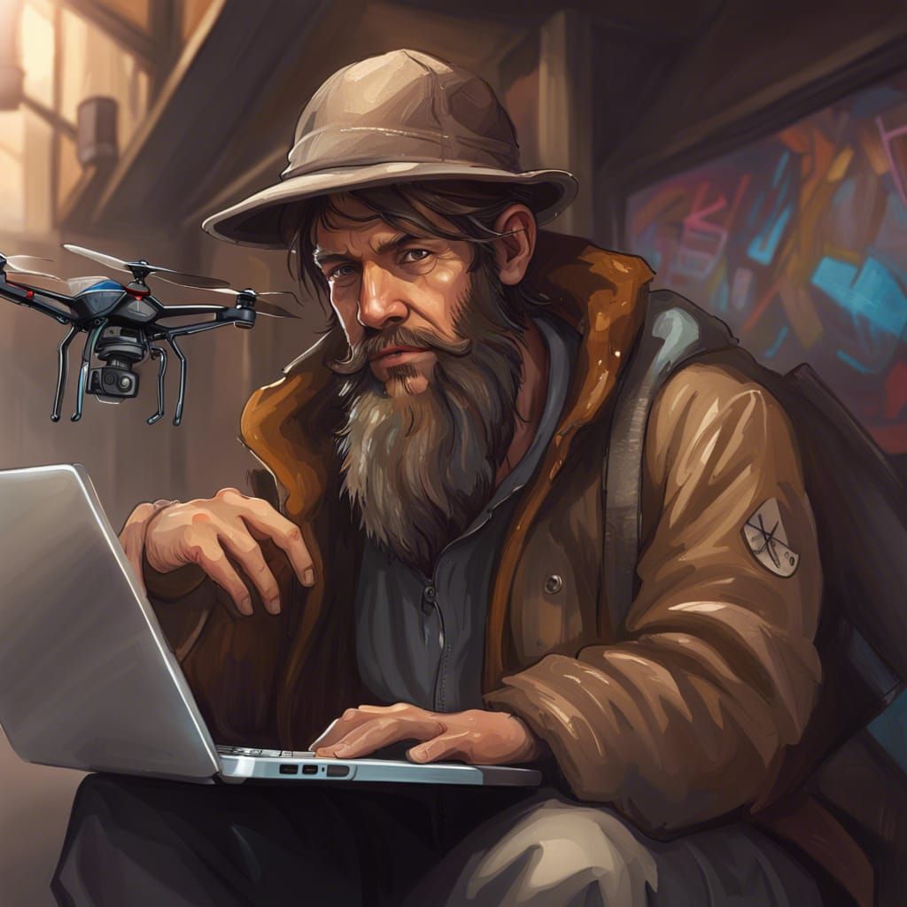 Homeless Hacker with Drone: Digital Art Portrait