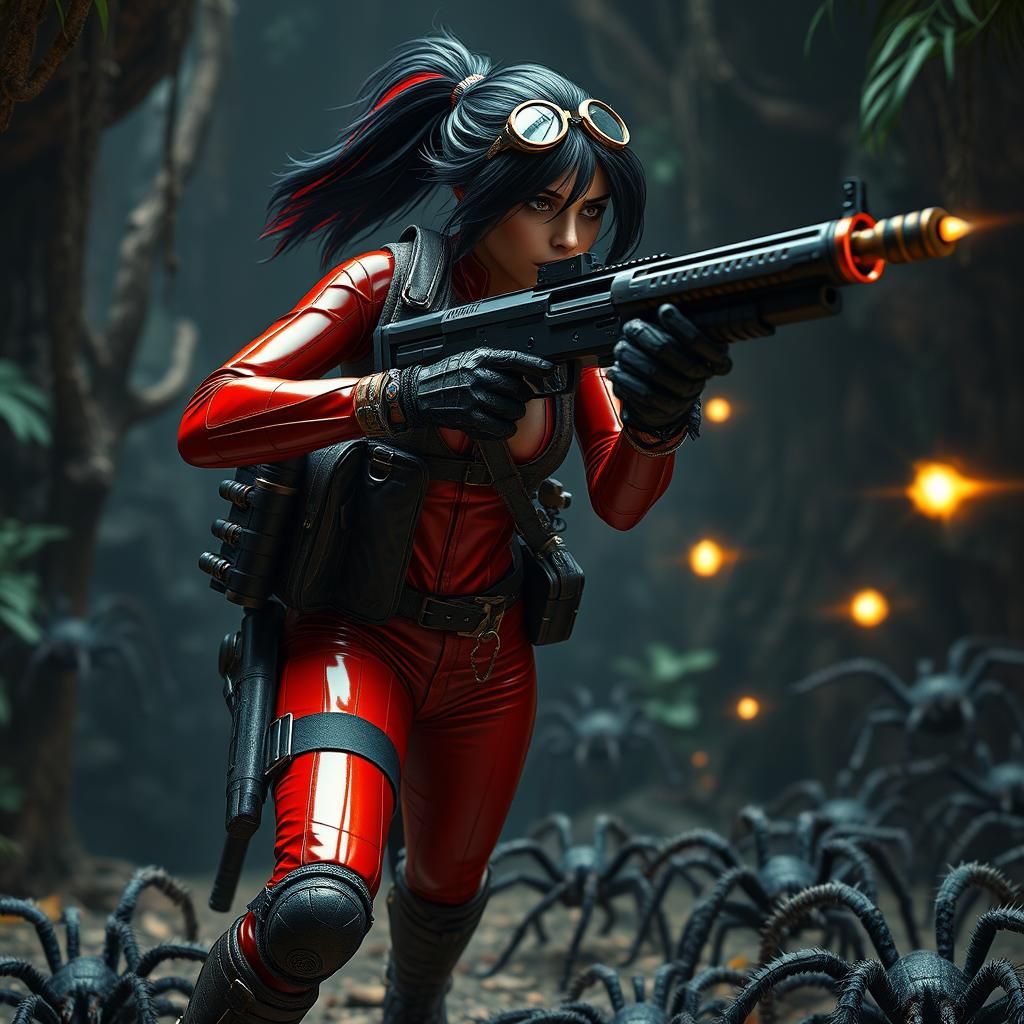 Angry Woman in Black Gold red latex suit with leather combat...