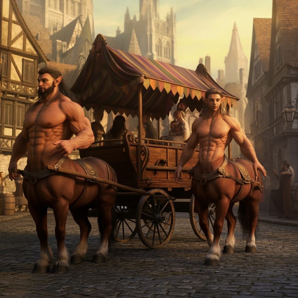 Medieval Fantasy Centaurs in Bustling City