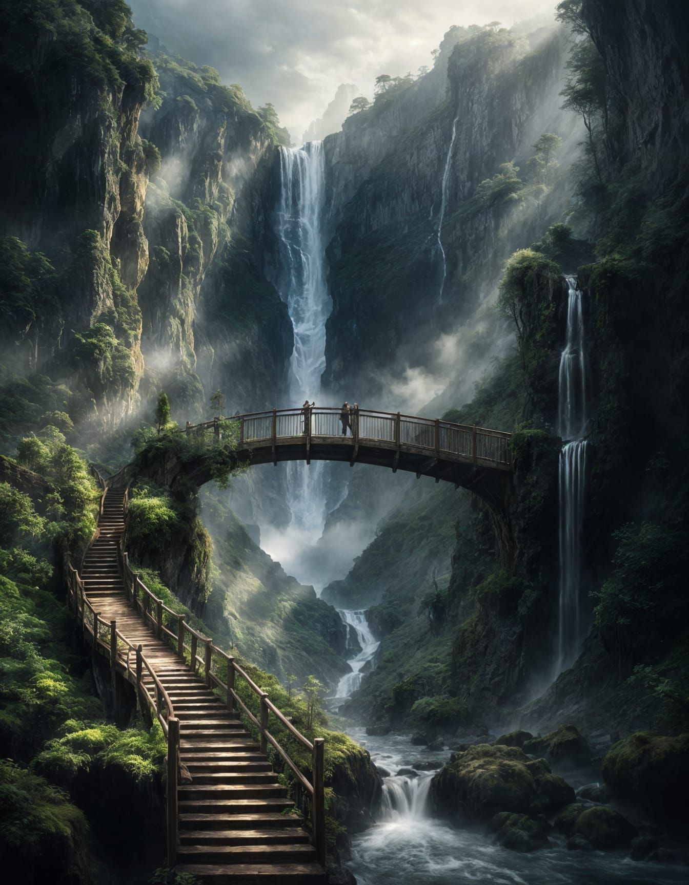 Majestic Waterfall Cascading into Canyon with Wooden Bridge