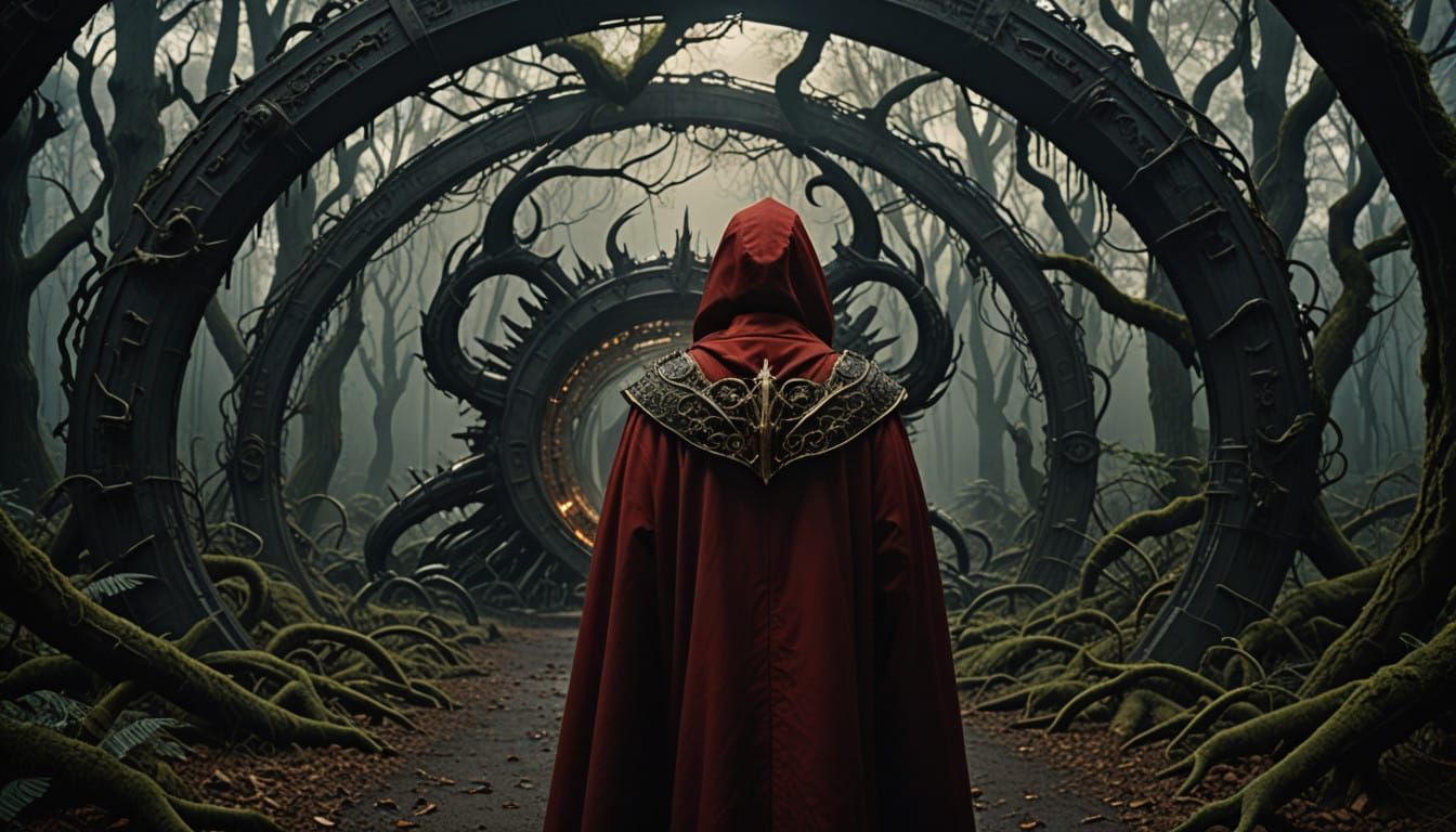 Surrealist Red Riding Hood Approaches Luminous Portal in Mec...
