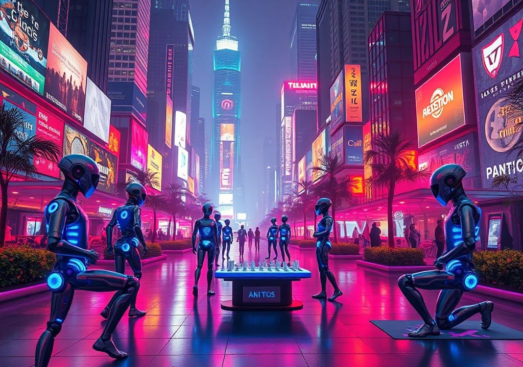 Robots Relaxing in a Futuristic Cyberpunk Park