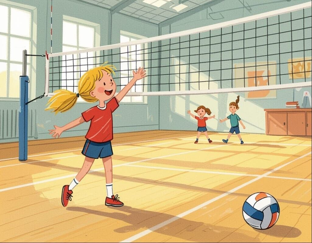 Blonde Girl Plays Volleyball in Children's Book Style