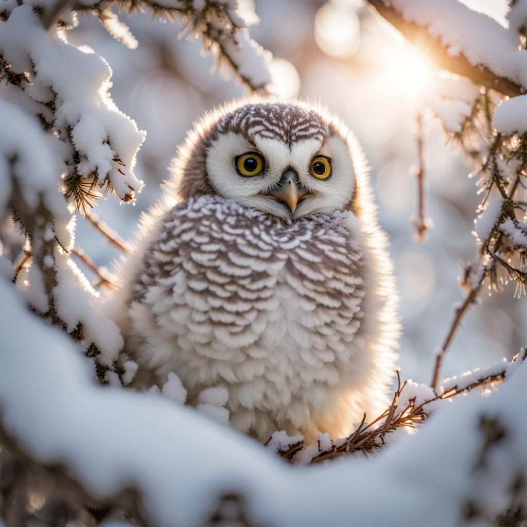 Snowy Owlet in Nest, Hyperrealistic Wildlife Art