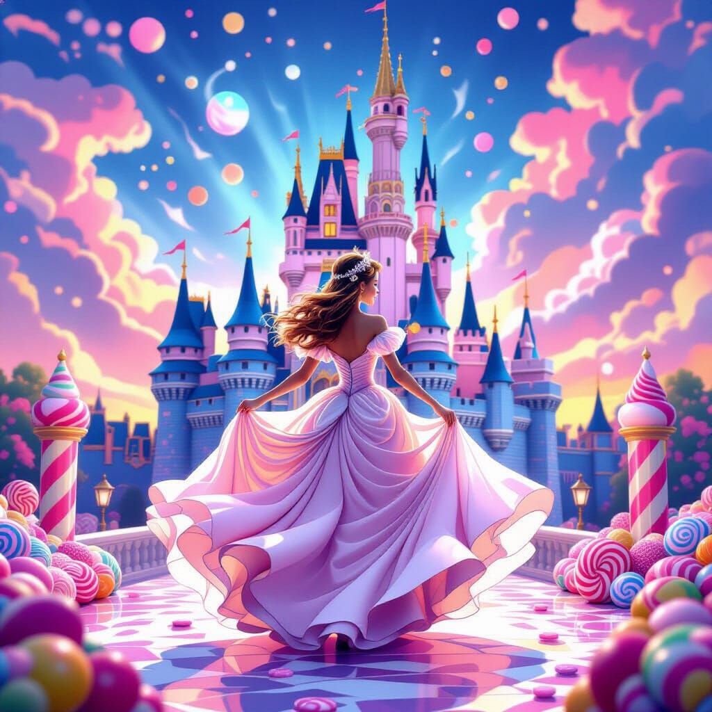 Princess Dances Before Sweet Fairytale Castle in Vibrant Glo...