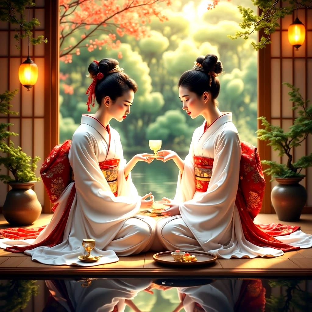 Ethereal Geisha Women in Zen Japanese Garden