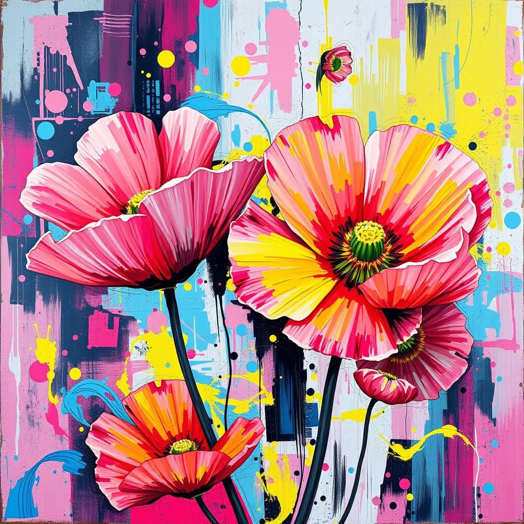 Vibrant Abstract Iceland Poppies in Dystopian Cityscape Aest...