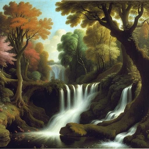 Romantic Waterfall in Woodland Landscape