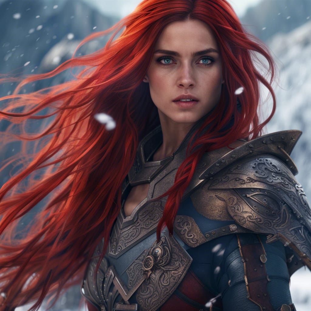 Red-Haired Warrior in Snow Plains: Fantasy Concept Art