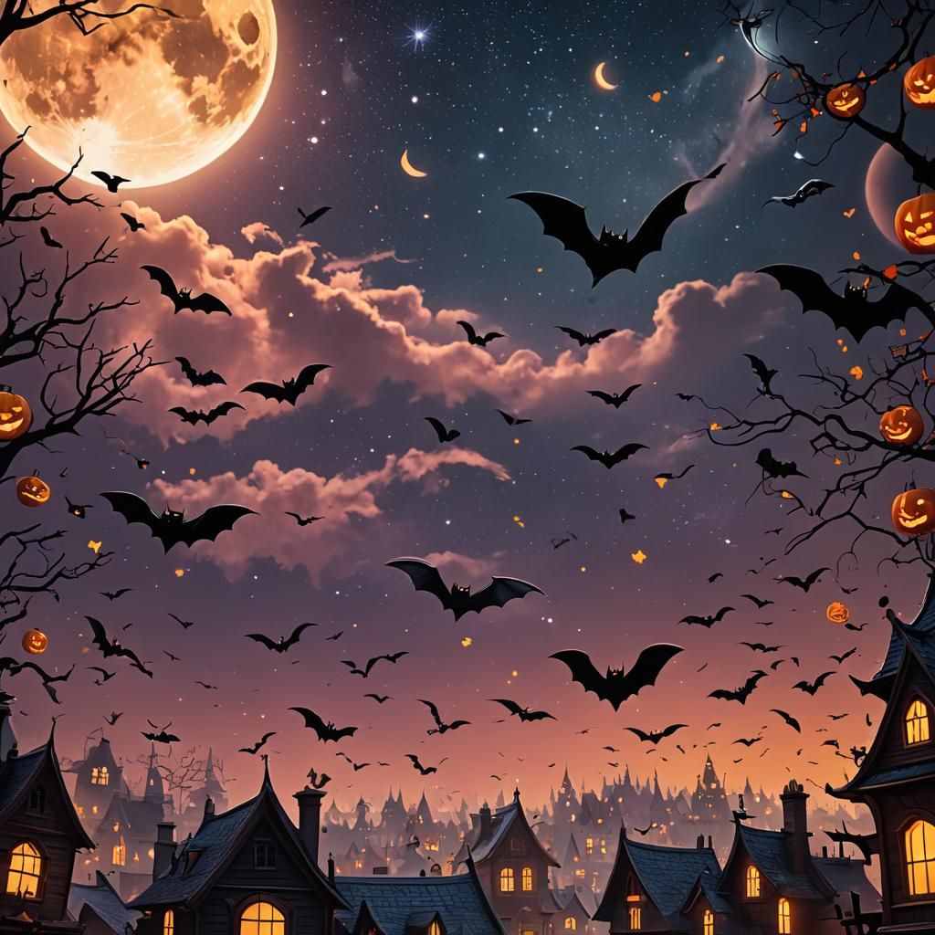 Halloween Bats and Cats Under a Full Moon
