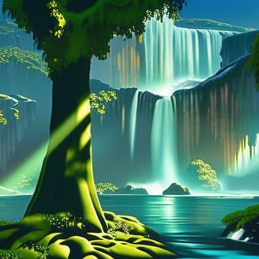 Iridescent Waterfall Landscape in Lyrical Abstraction