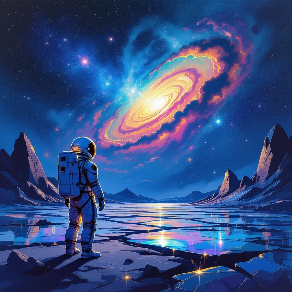 Astronaut Gazes at Nebula on Alien Planet in Splash Art Styl...