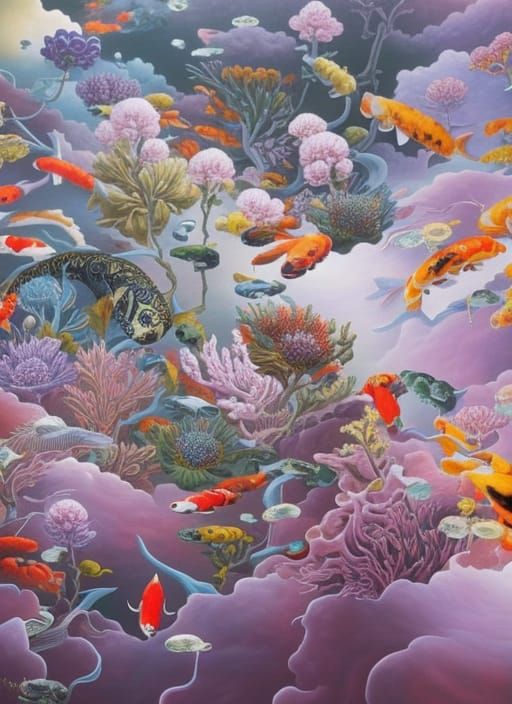 Surreal Anatomical Forms in Alien Koi Landscape