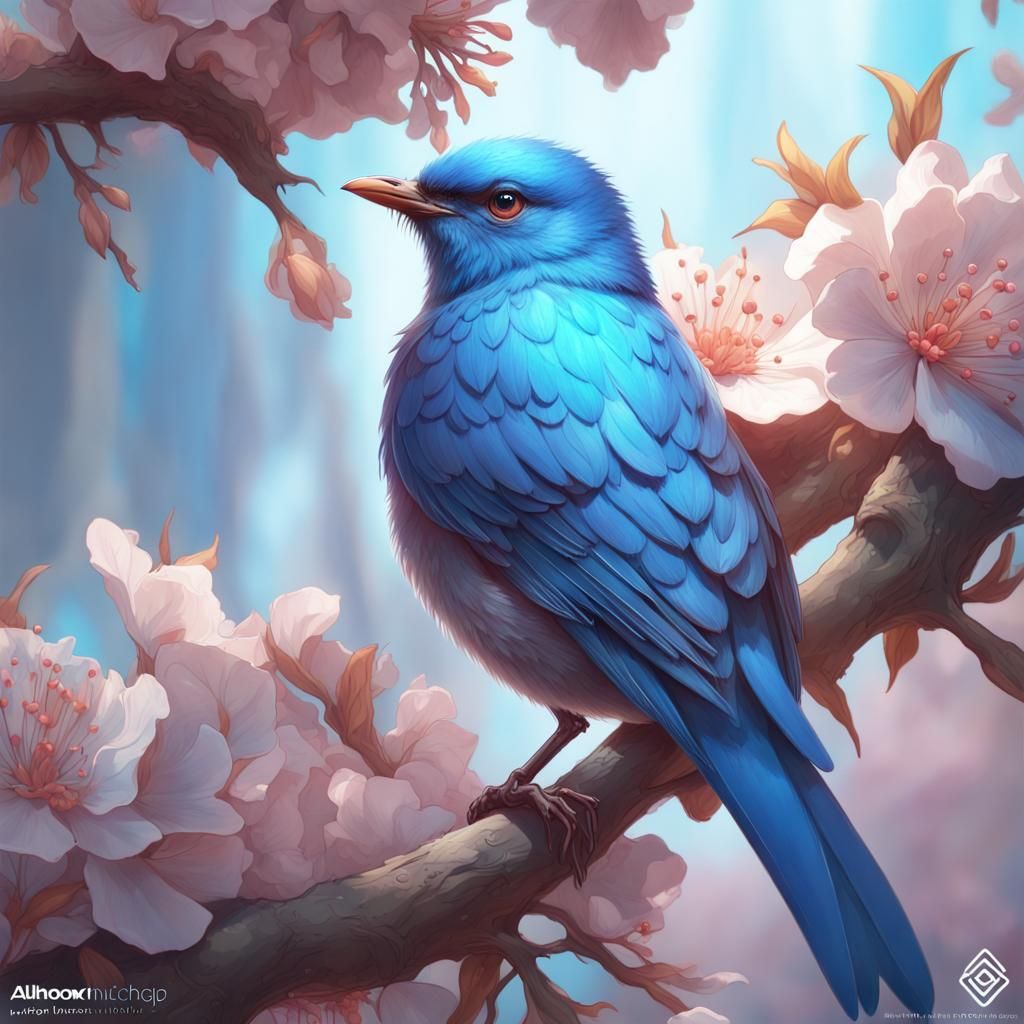 Blue Bird Portrait with Blossoms, Detailed Digital Art