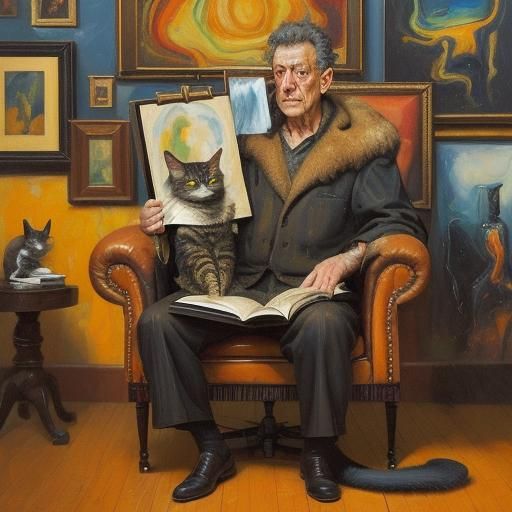 Cozy Library: Surrealist Oil Painting of Man and Cat