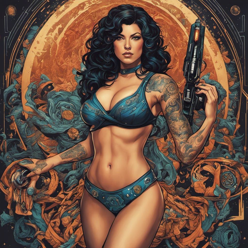 Tattooed Woman in Star Trek Uniform with Lightsaber