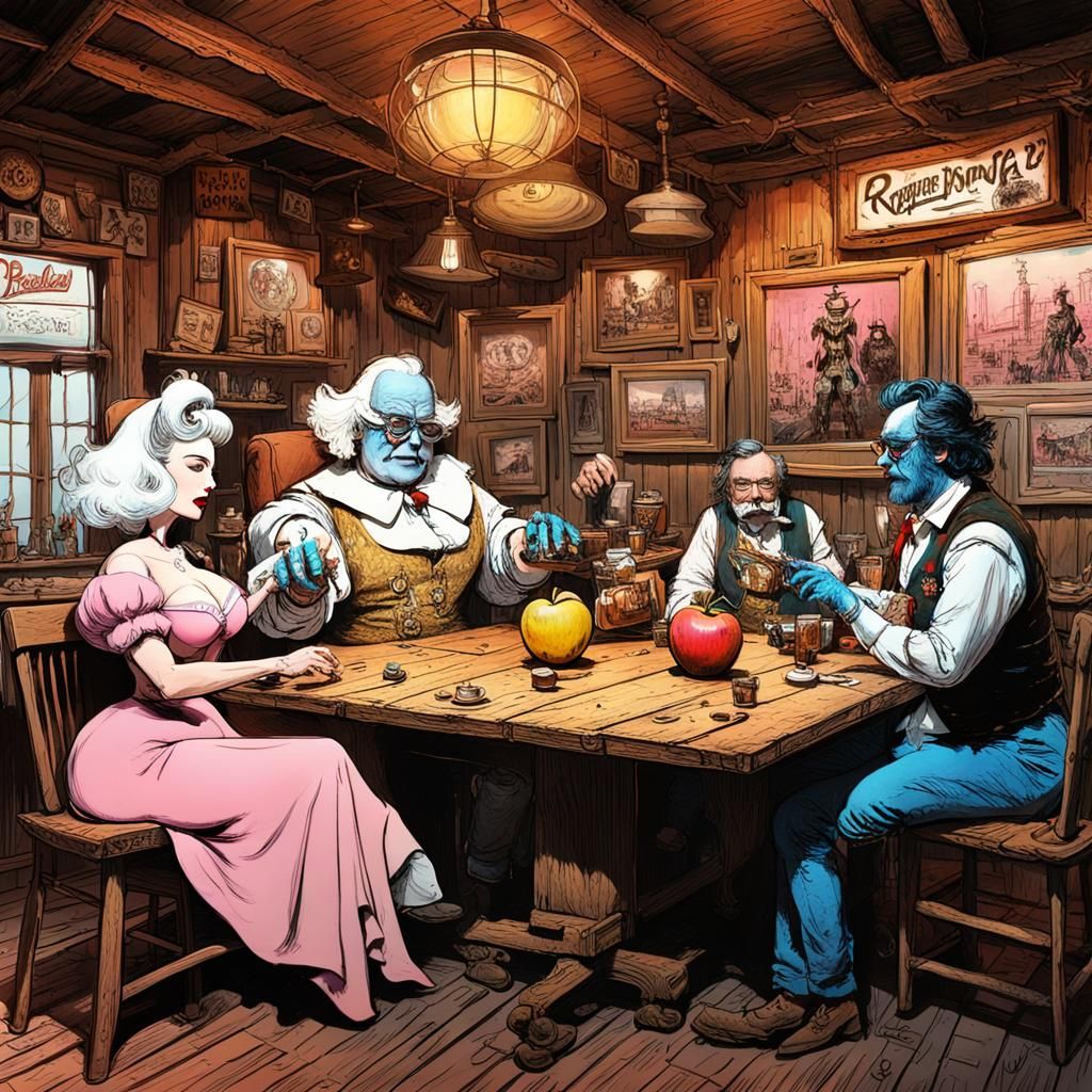 "Ralph Steadman draws a scene that depicts a female robot plus size snow white holding a golden apple at a wooden table ...