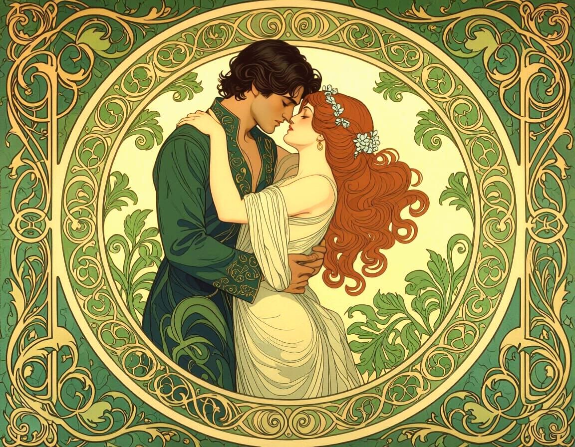 Art Nouveau Oil Painting of Embracing Couple in Green Hues