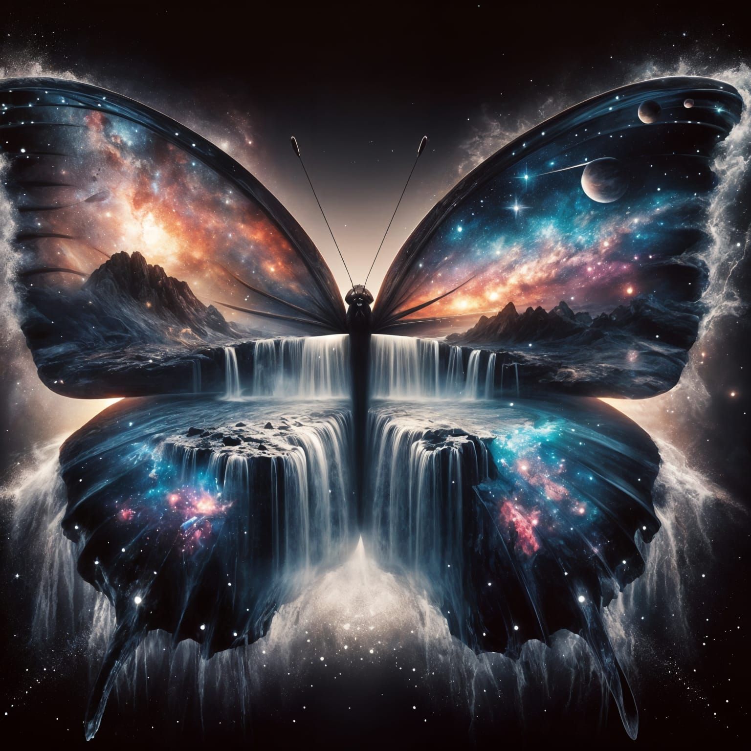 Ethereal Butterfly: Magical Waterfall and Cosmic Landscape