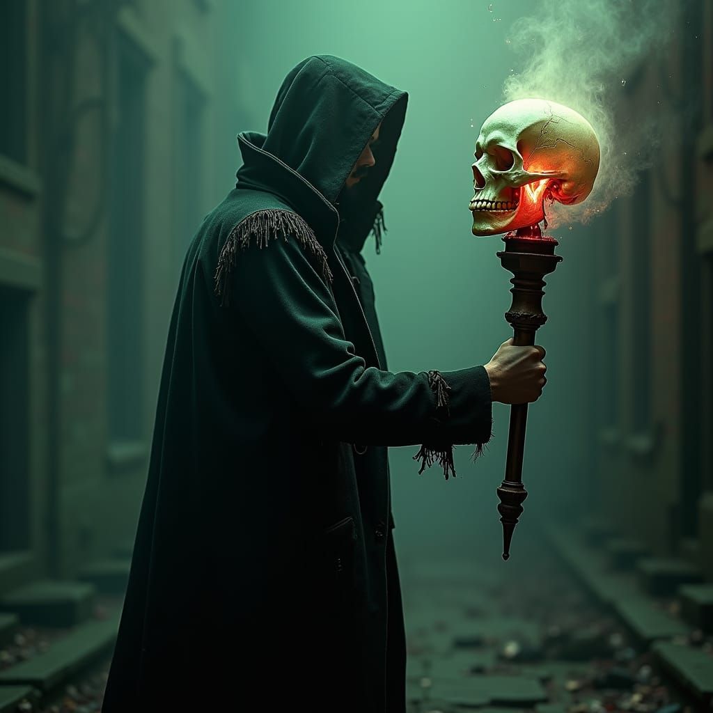 Victorian Man Summons Ghostly Skull in Eerie Light