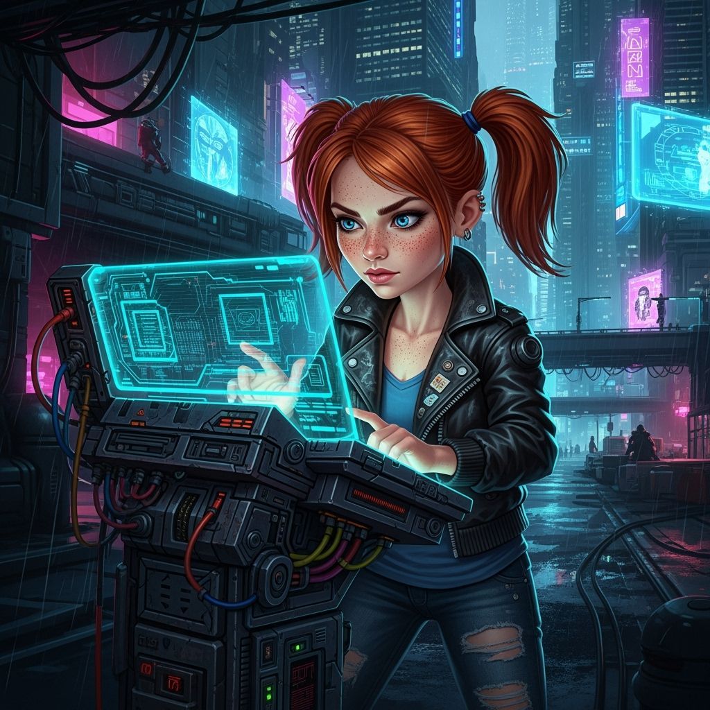 Redheaded Hacker in Neon Cyberpunk City