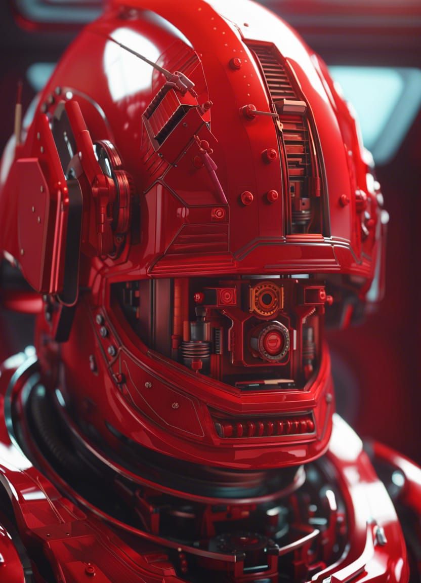 Vintage Red Robot in Futuristic Spaceship