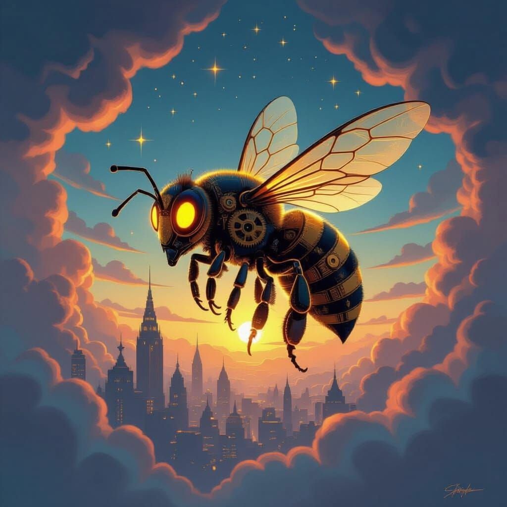 Clockwork Bee in Steampunk Art Deco Cityscape