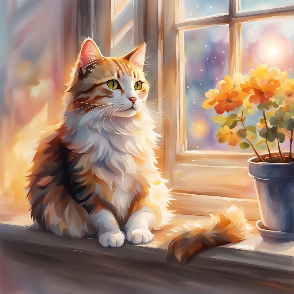 Cute Cat on Windowsill in Watercolor Style
