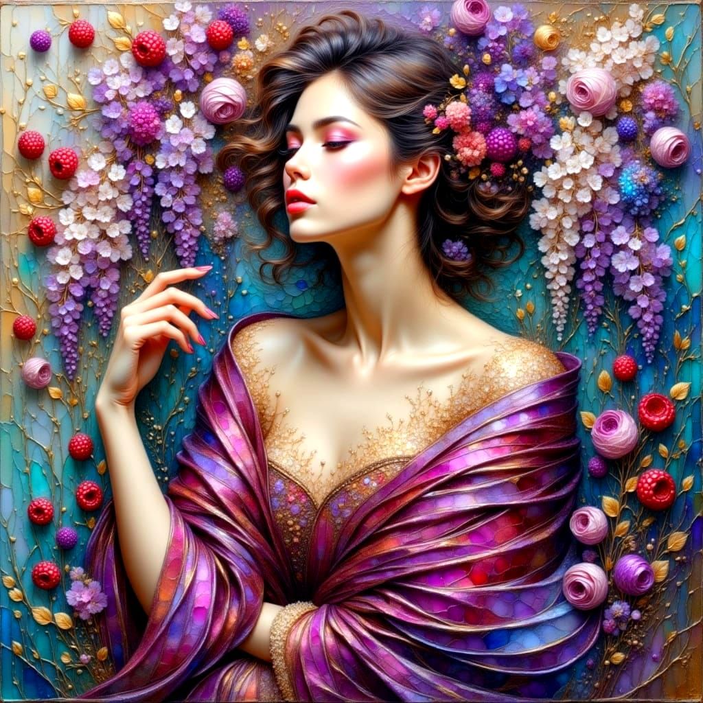 Woman in Plum Metallic Surrounds with Vibrant Floral and Ill...