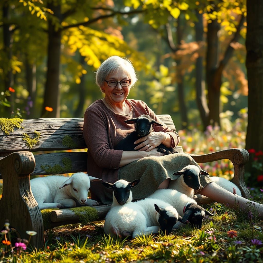 Serene Lady Among Lambs in a Vibrant Forest Glade