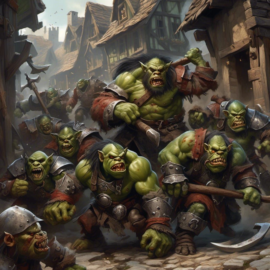 Furious Orcs Attack Medieval Town in Hyperreal Photo