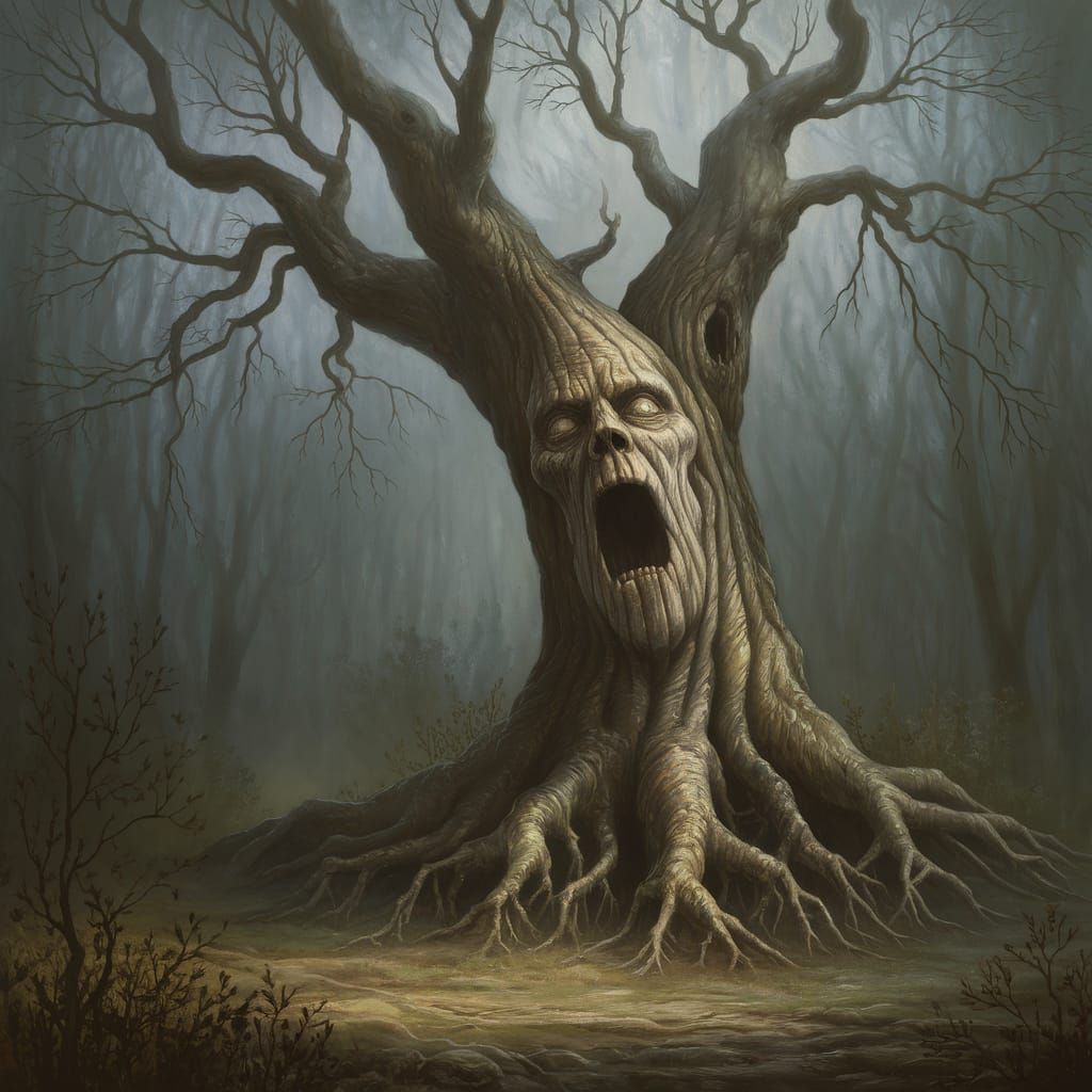 Ancient Tree with Carved Face in Misty Forest