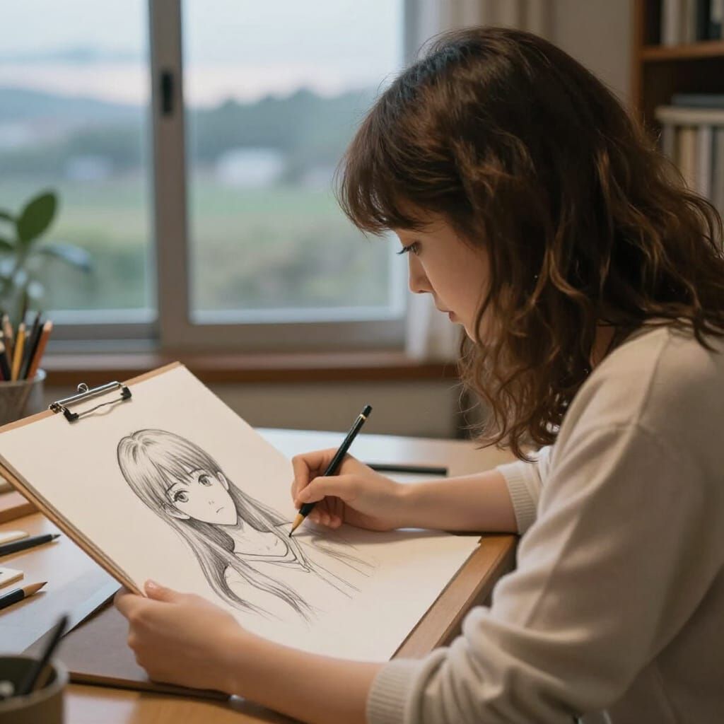 Artist Sketches Anime Character in Warm Studio Light