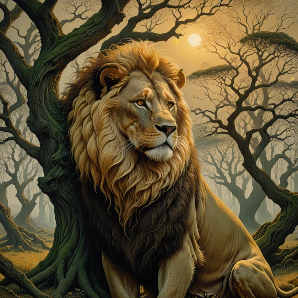 Elegant Blonde Woman Poses with Regal Lion and Ancient Tree