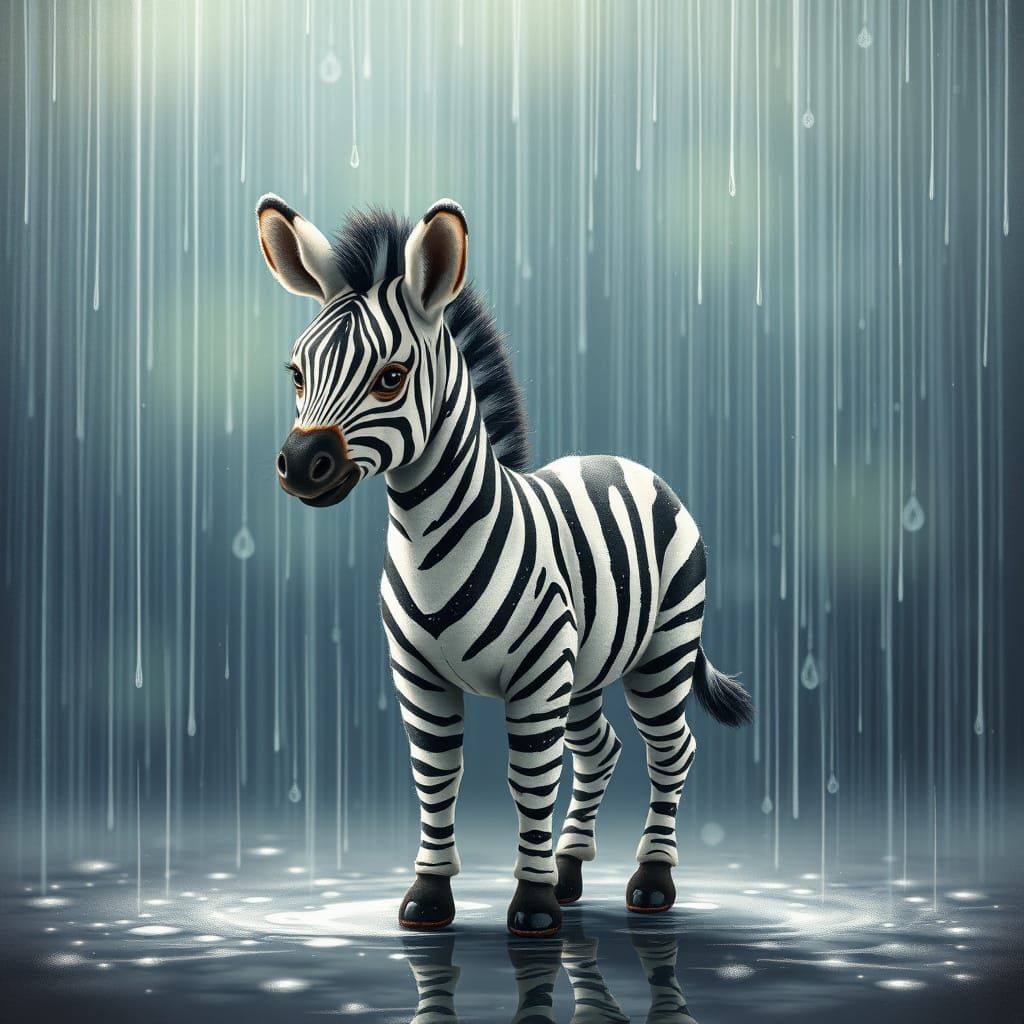 Tiny Zebra in Rainy Scene, Semi-Realistic Style