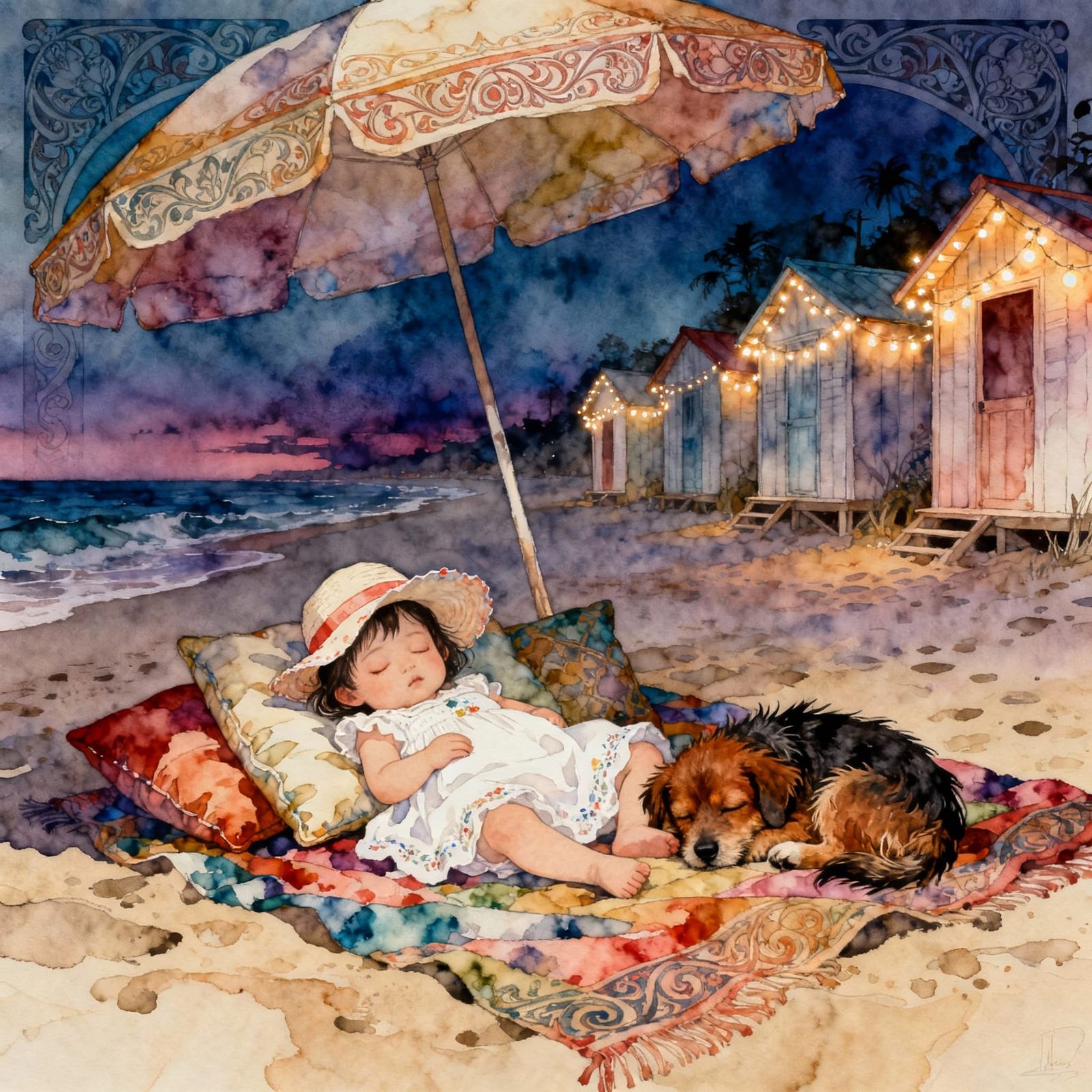Adorable Sleeping Baby Girl and Puppy on Beach