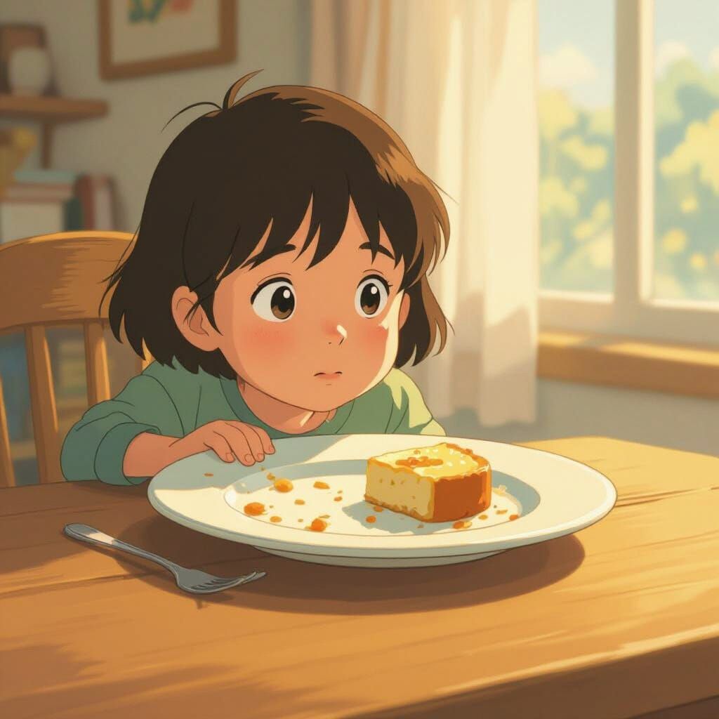 Child's Wistful Gaze at Uneaten Food in Ghibli Style