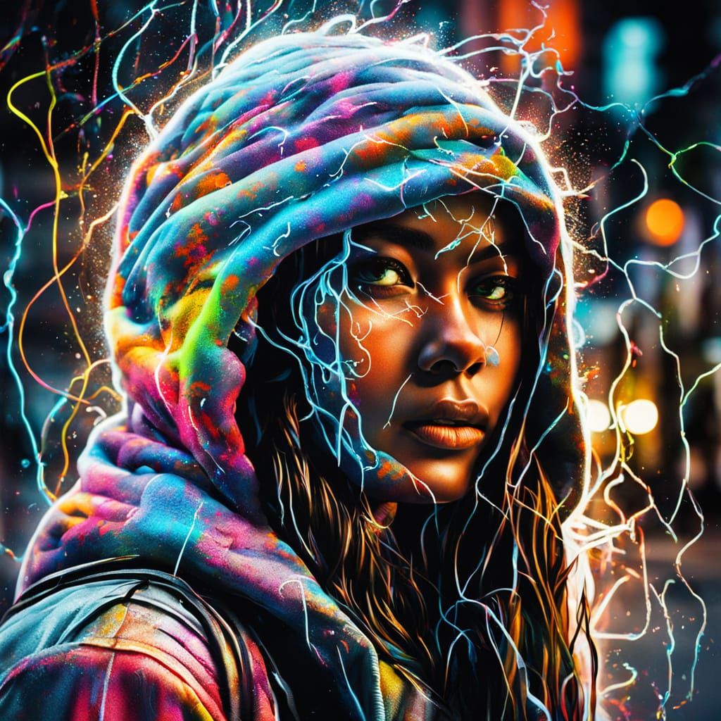 Bioluminescent Graffiti Portrait in Urban Style