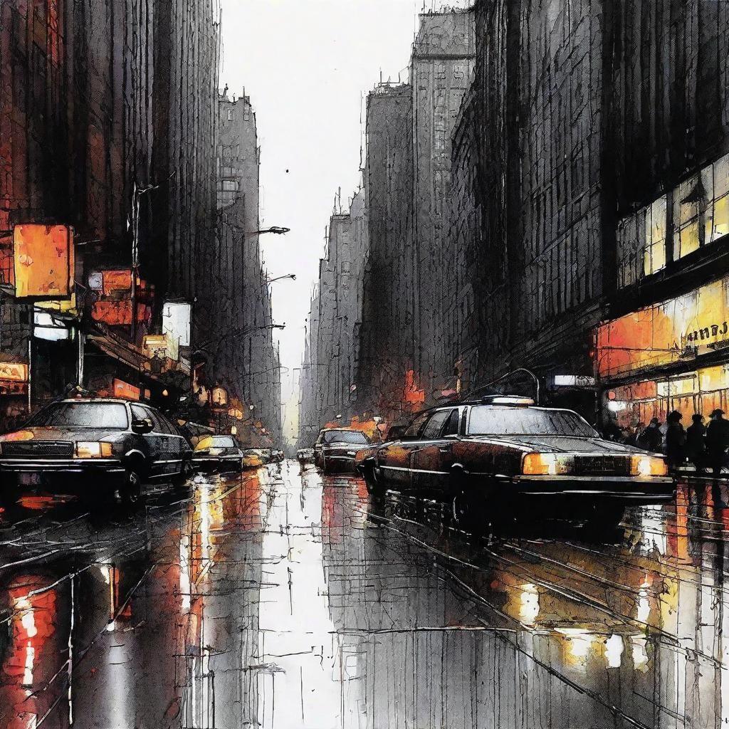 Ink drawing .Street of New york in a rainy ambiance with a h...